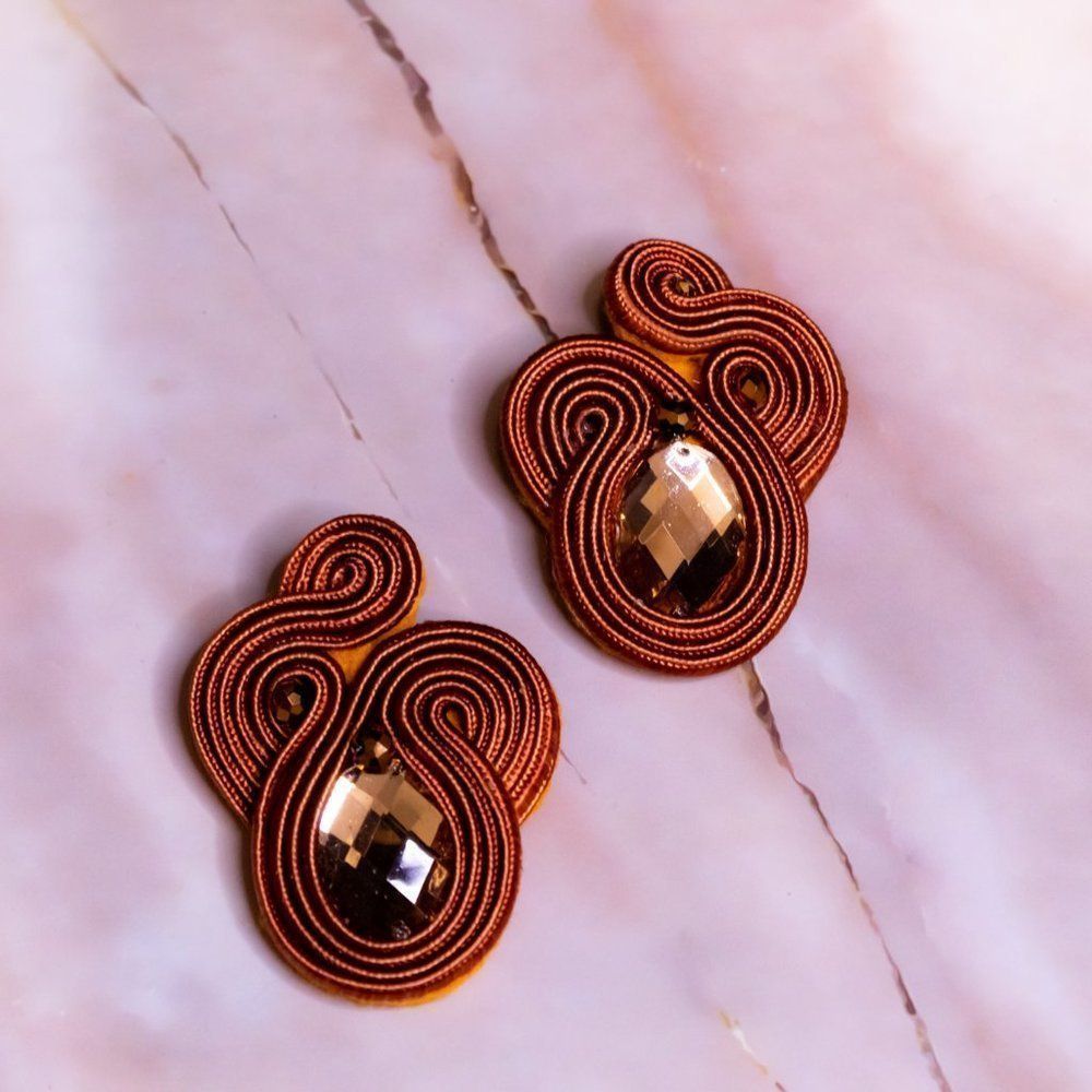 Soutache earrings handmade brown orange medium